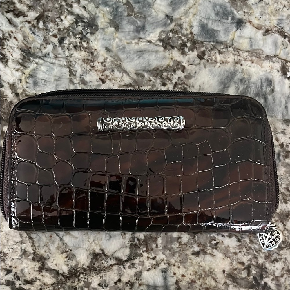 Croc-Embossed Brown Wallet with Silver Accents